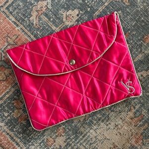 VICTORIA’S SECRET Quilted Satin Pink Pouch Bag Leopard Print Interior Vintage